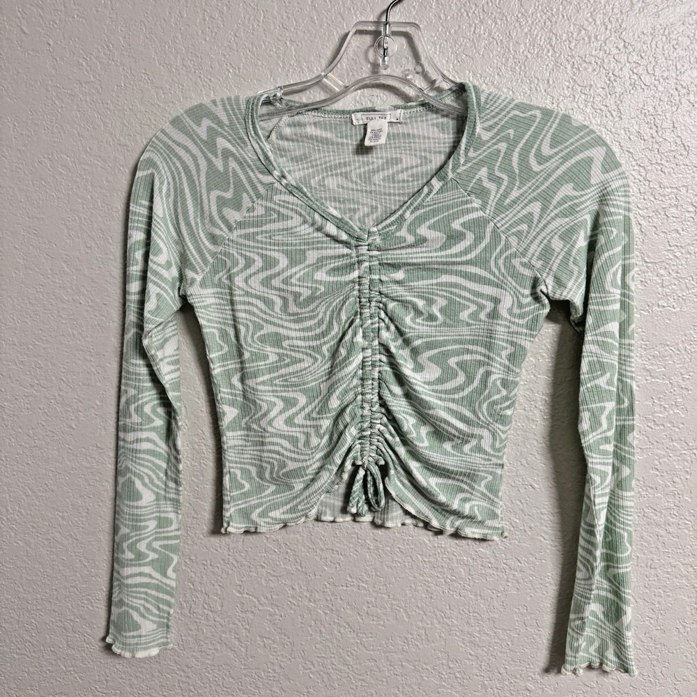 Full Tilt Ruched Crop Top Green Swirl Y2K Long Sleeve Stretch Lettuce